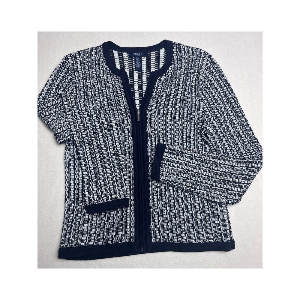Chaps Women's Full Zip Long Sleeve Navy Blue White Striped Sweater Cardigan Sz M